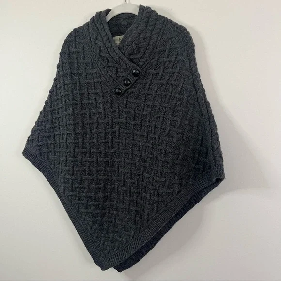 Aran Super Soft Lattice Stitch Poncho M/L Charcoal Gray 100% Irish Wool Luxury - Picture 5 of 12